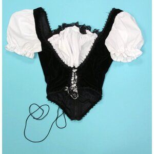 Vtg JEANNIE NITRO Gothic Black Velvet White Puff Sleeve Lace Up Wench Top XS 015